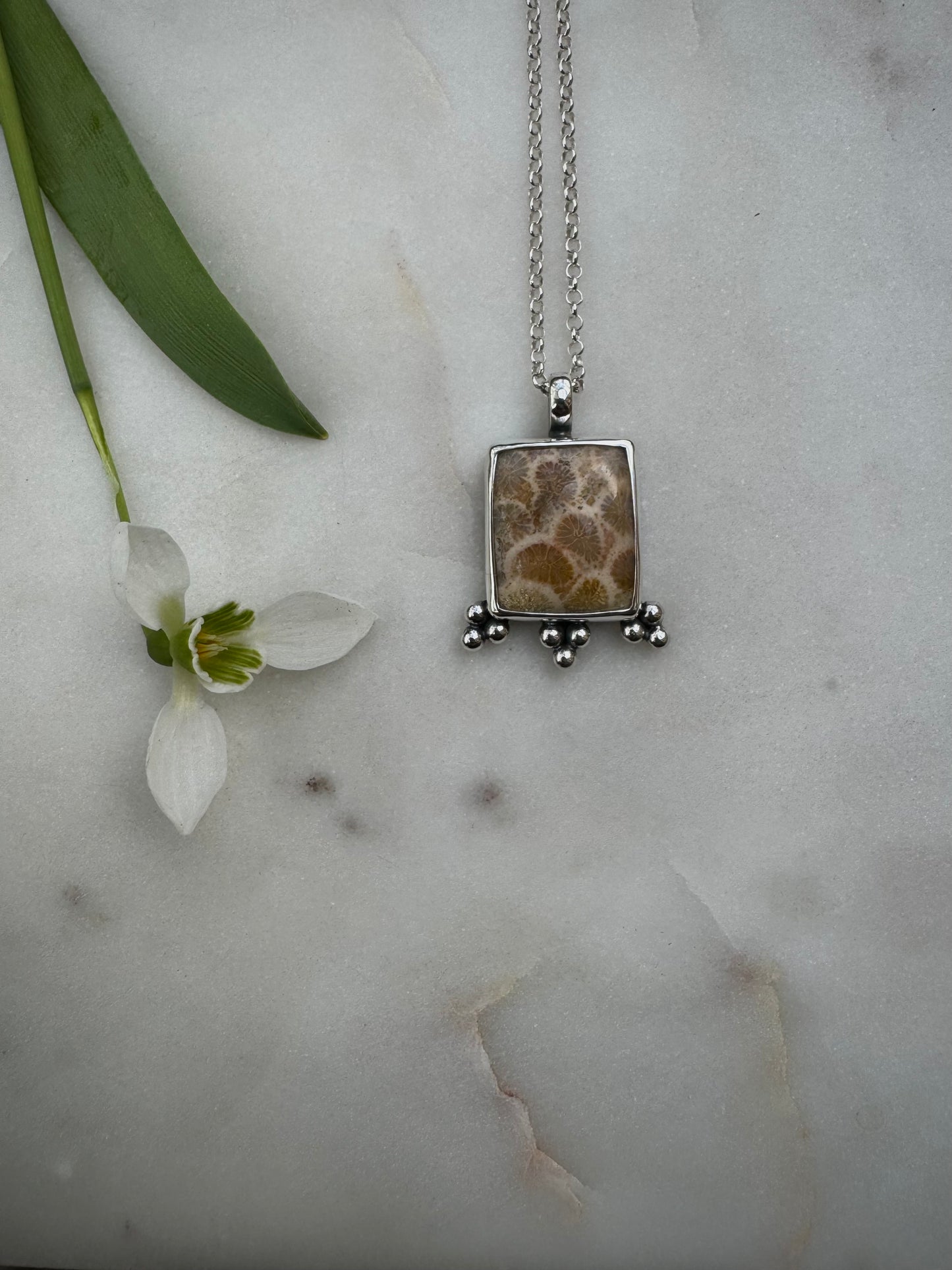 Silver necklace with fossiled coral