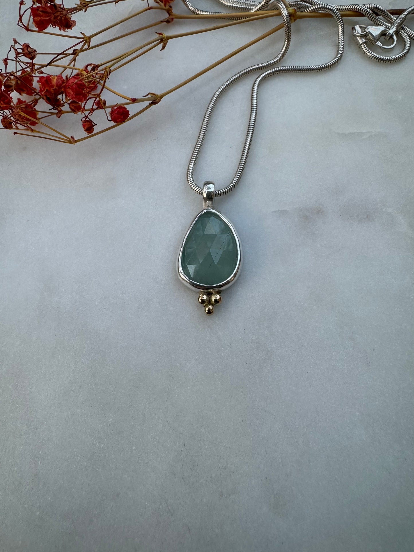Rose cut aquamarine with 14k gold
