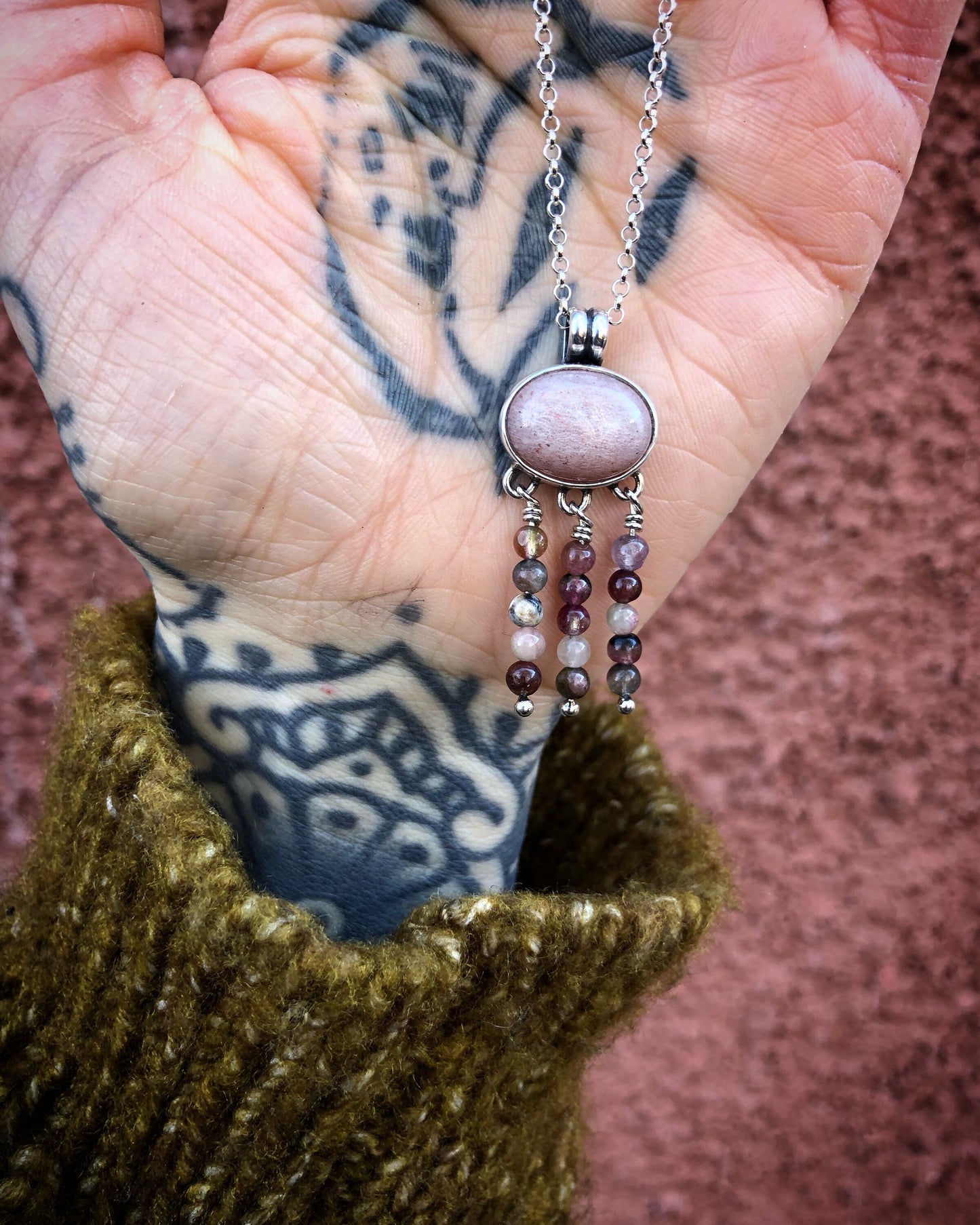 Handmade Pendant in recycled sterling silver with pink moonstone and tourmalines