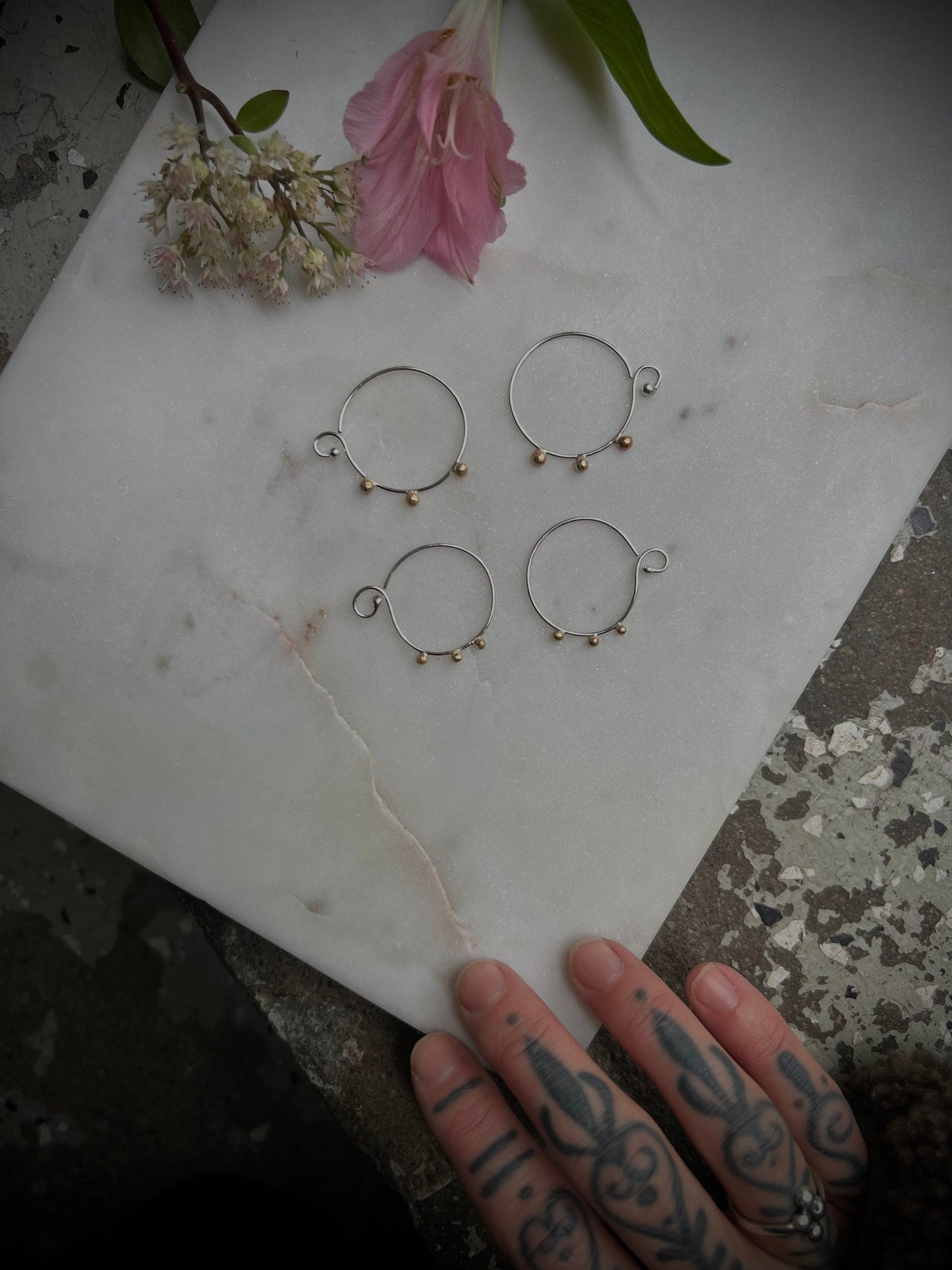 Beautiful simple silver earrings with 14k gold dots