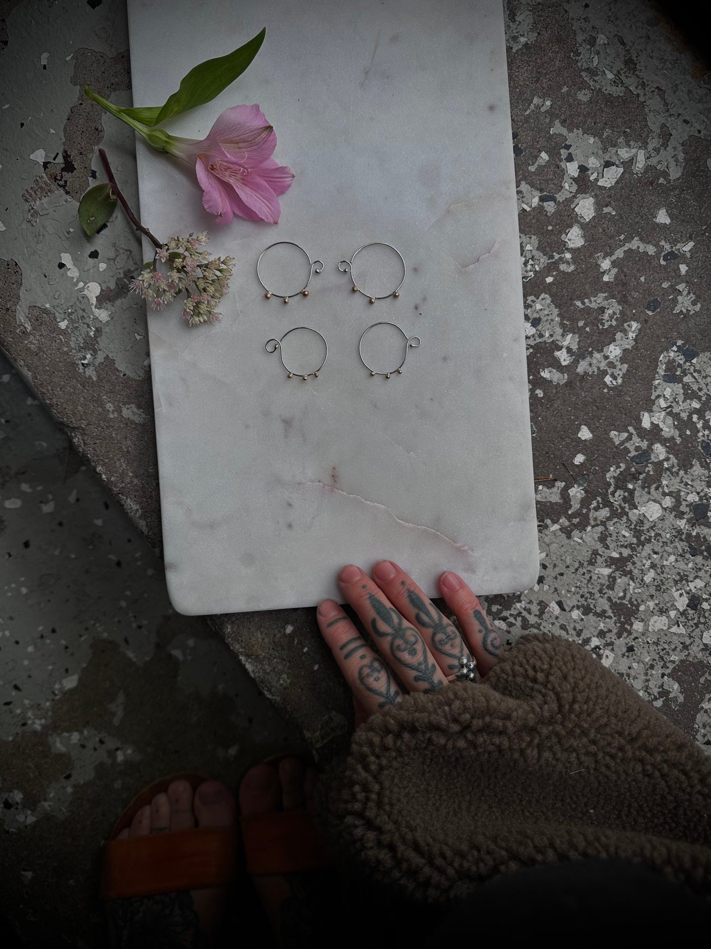 Beautiful simple silver earrings with 14k gold dots
