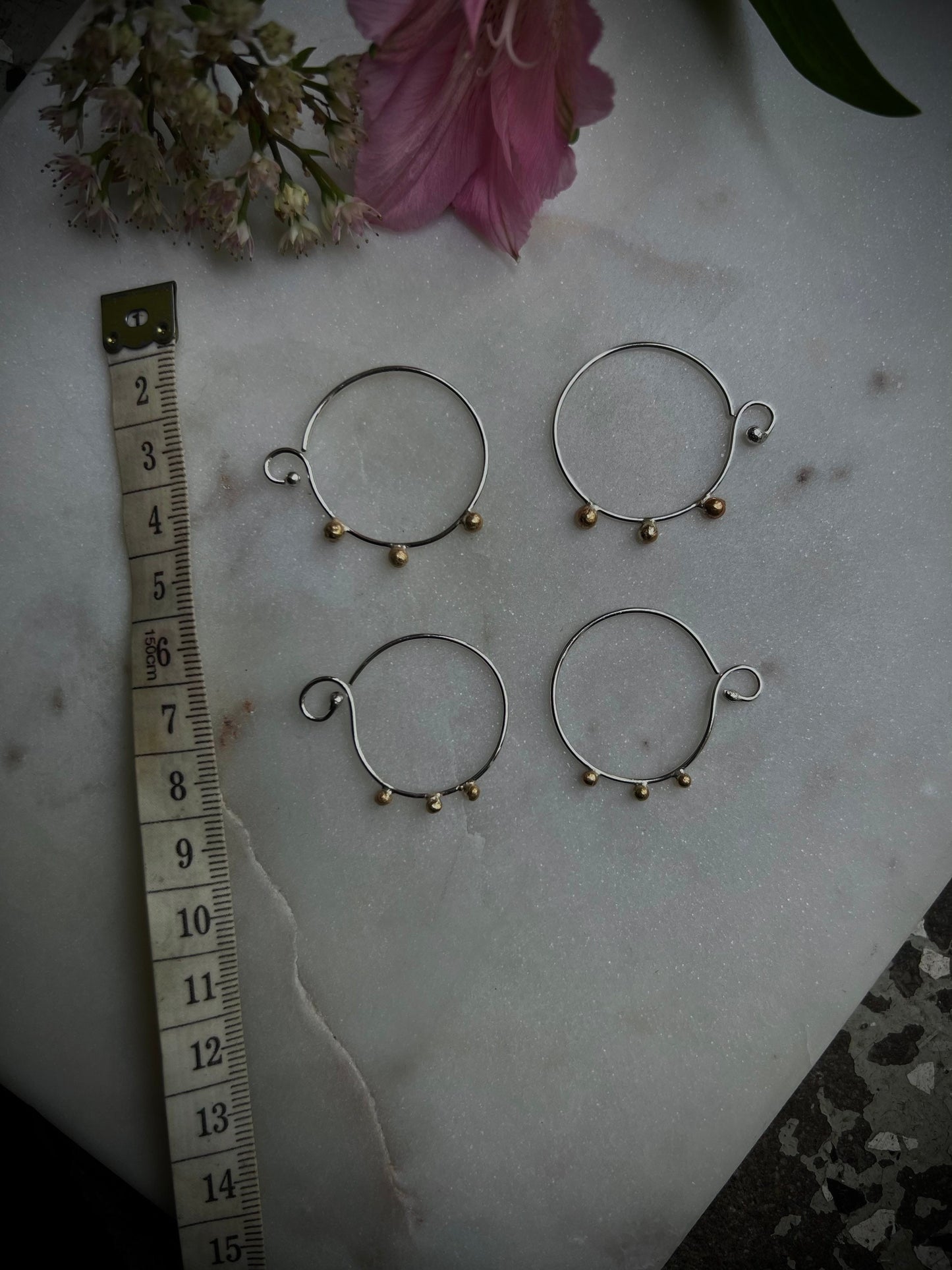 Beautiful simple silver earrings with 14k gold dots