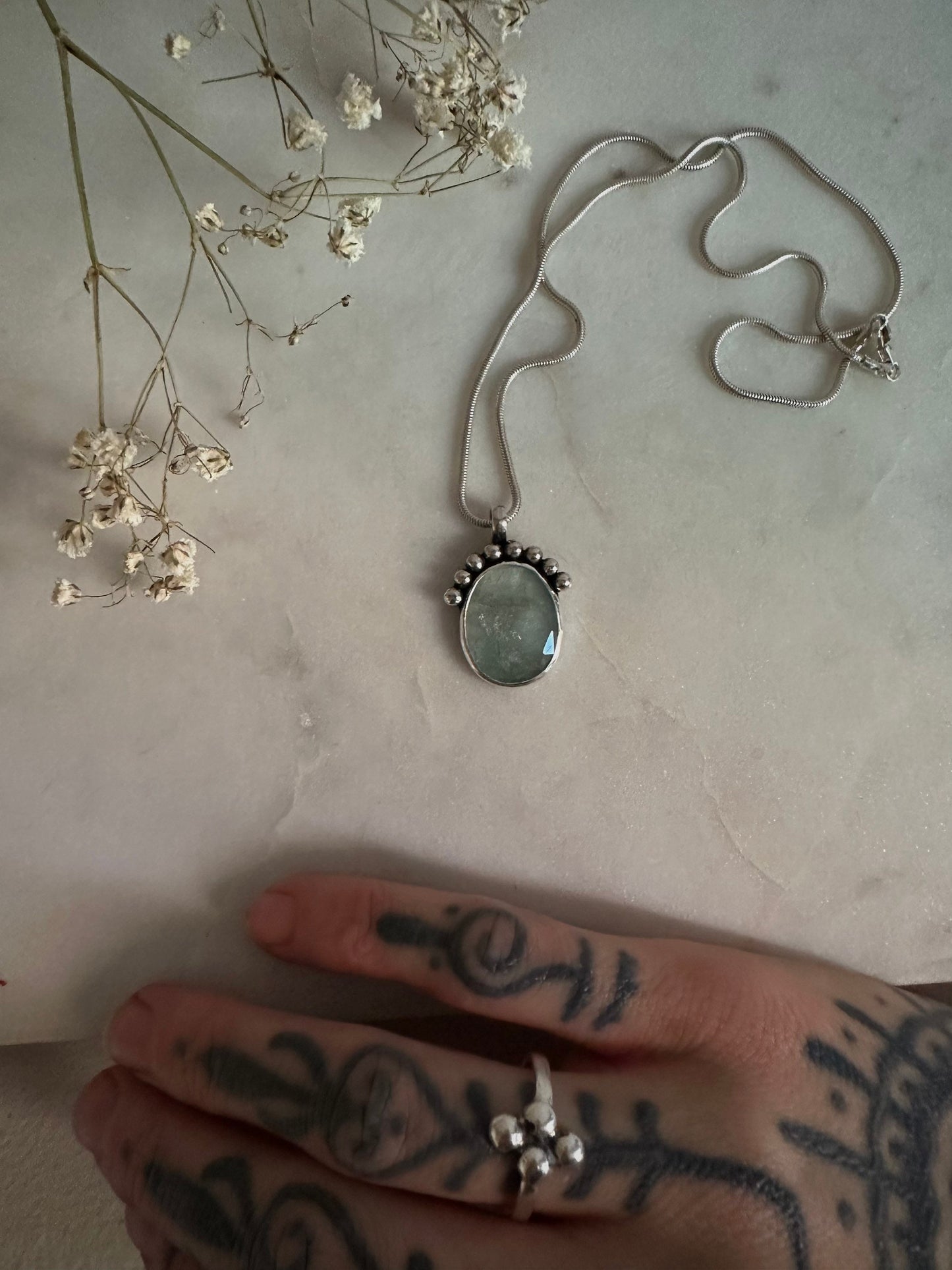 Rose cut aquamarine sterling silver necklace