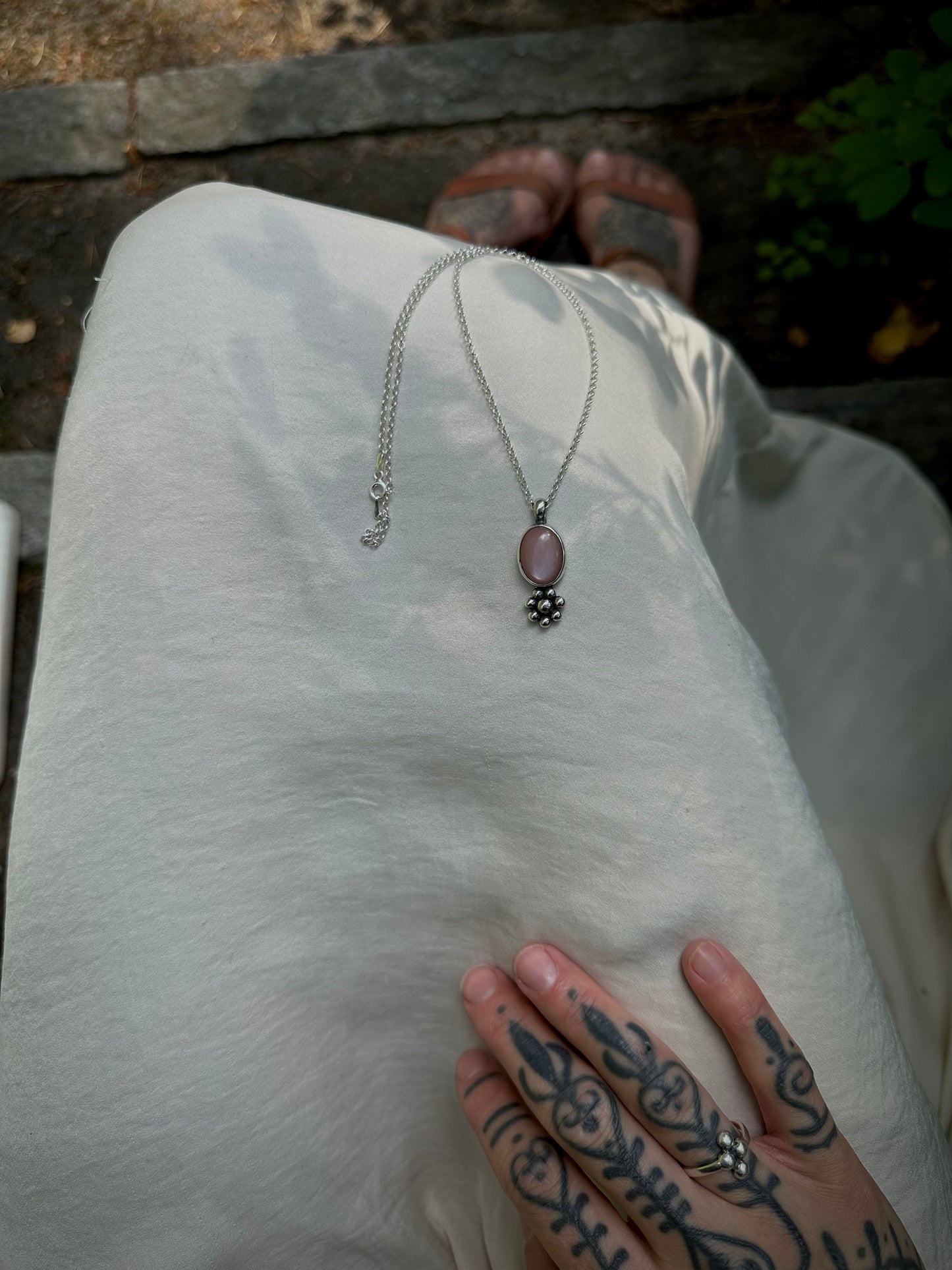 Moonstone flower silver amulet