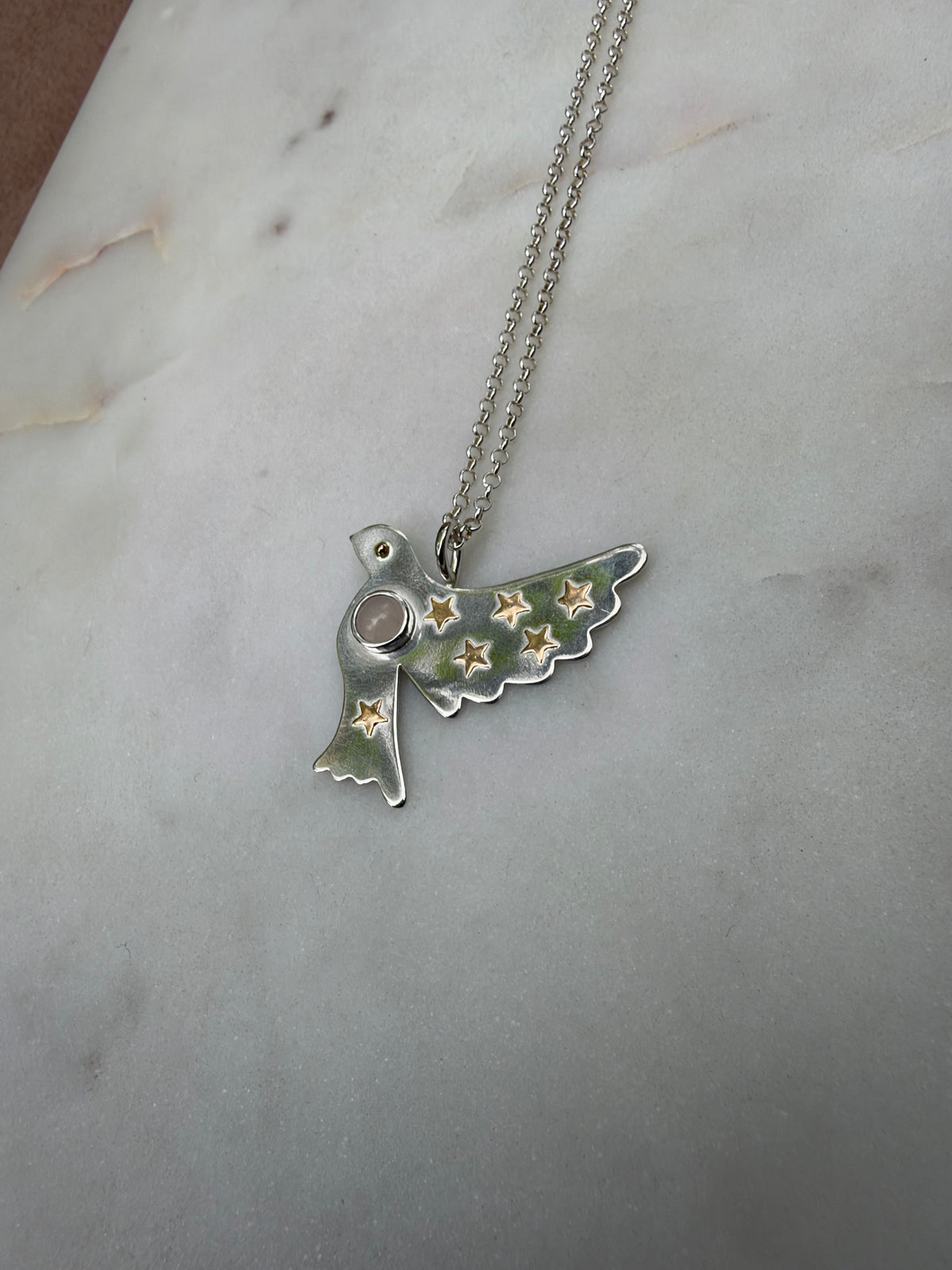 Peace dove with 18k gold stars and rose quartz