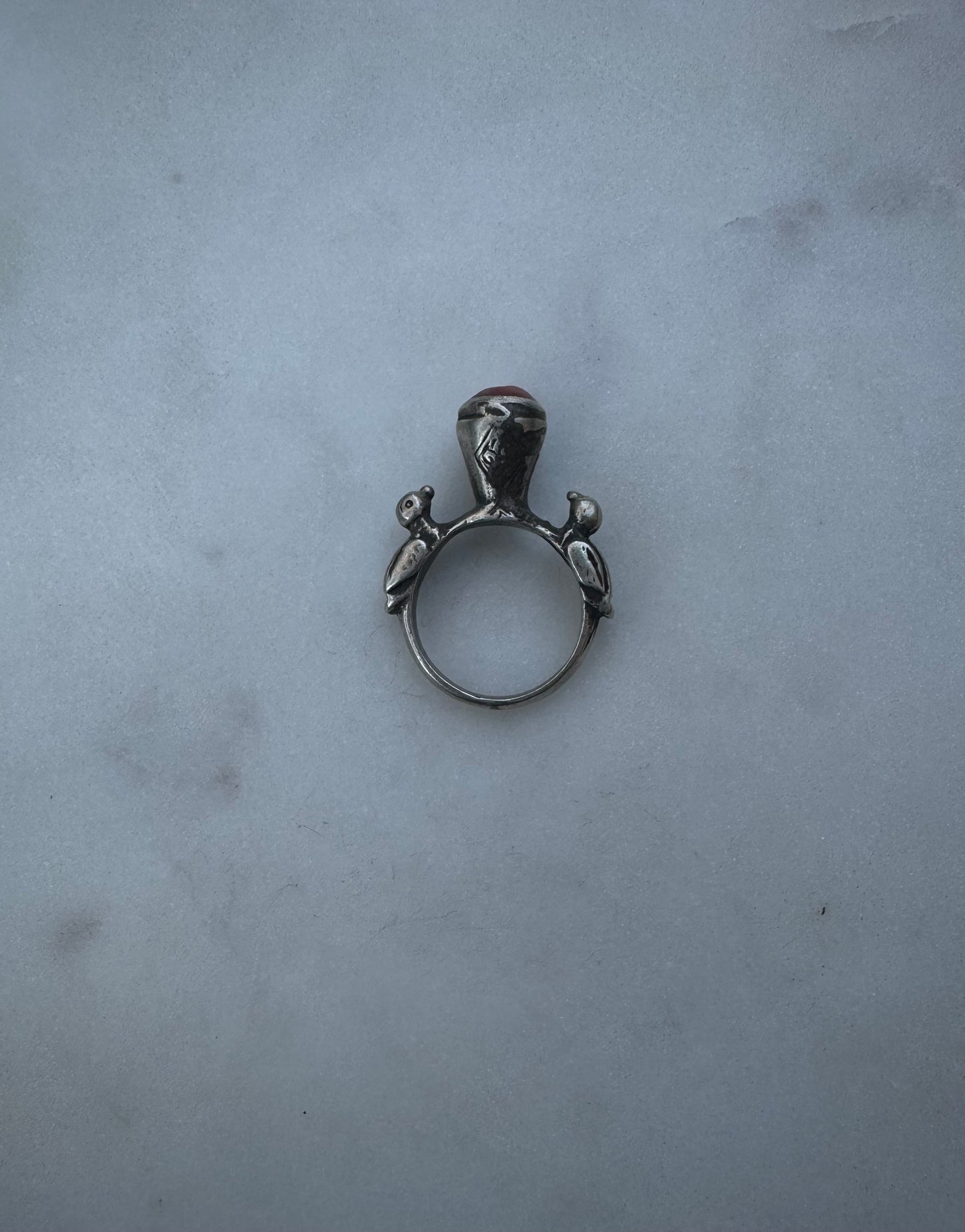 Antique silver ring with birds and coral