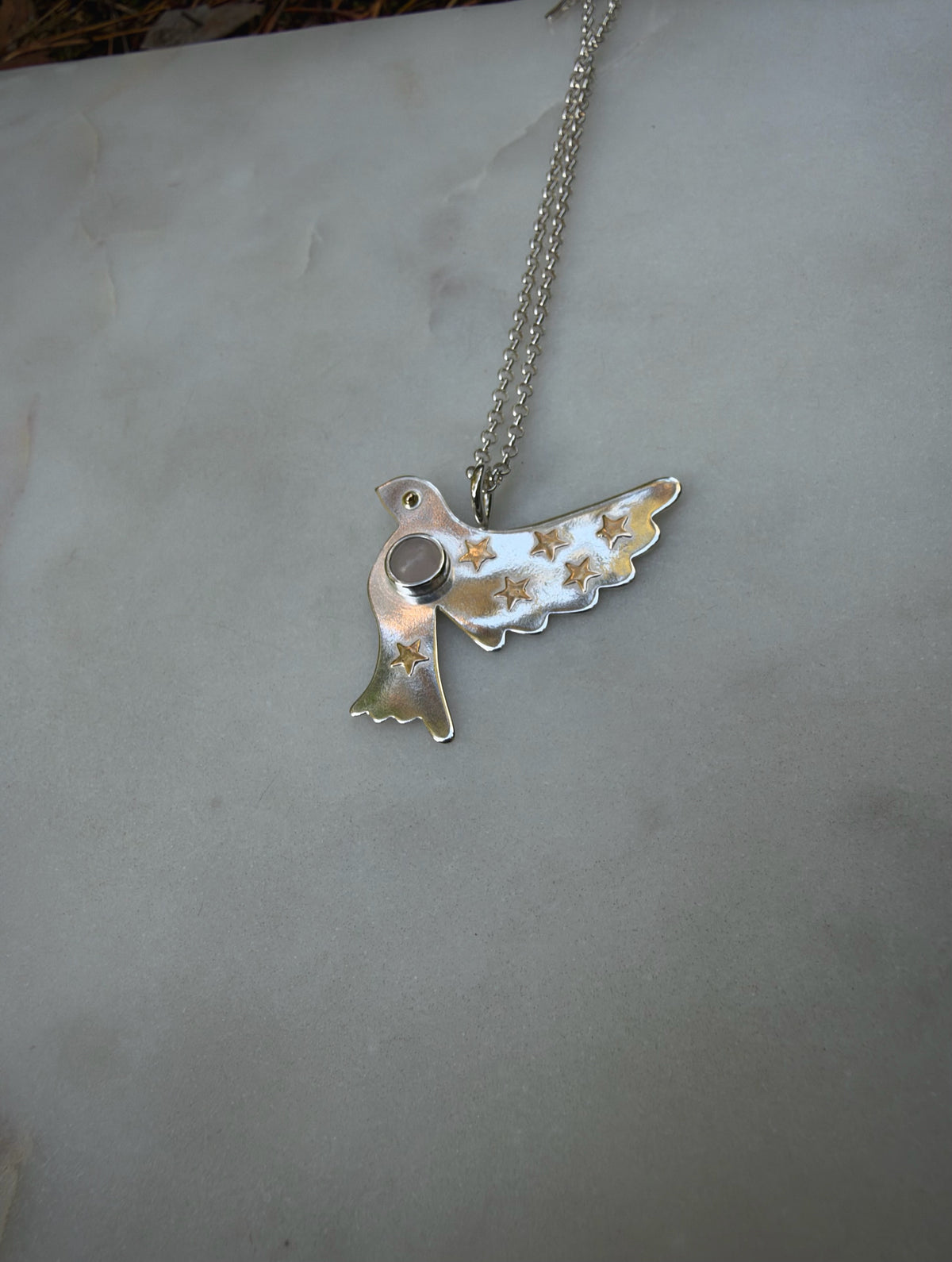 Peace dove with 18k gold stars and rose quartz