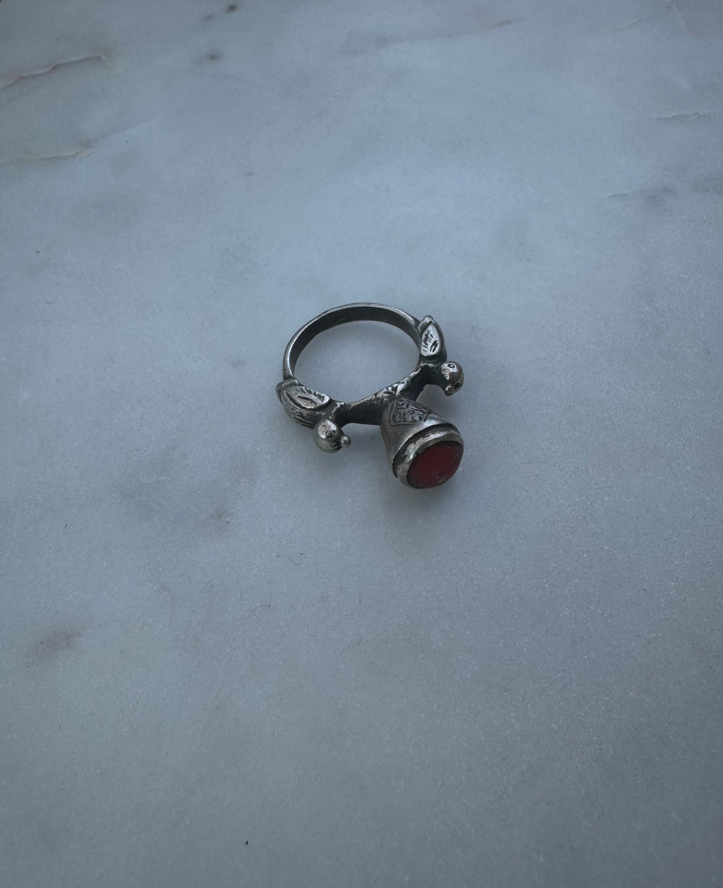Antique silver ring with birds and coral