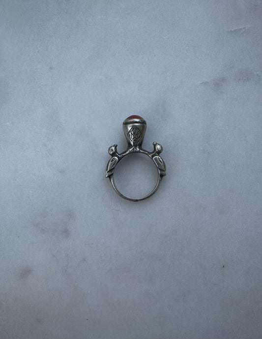 Antique silver ring with birds and coral