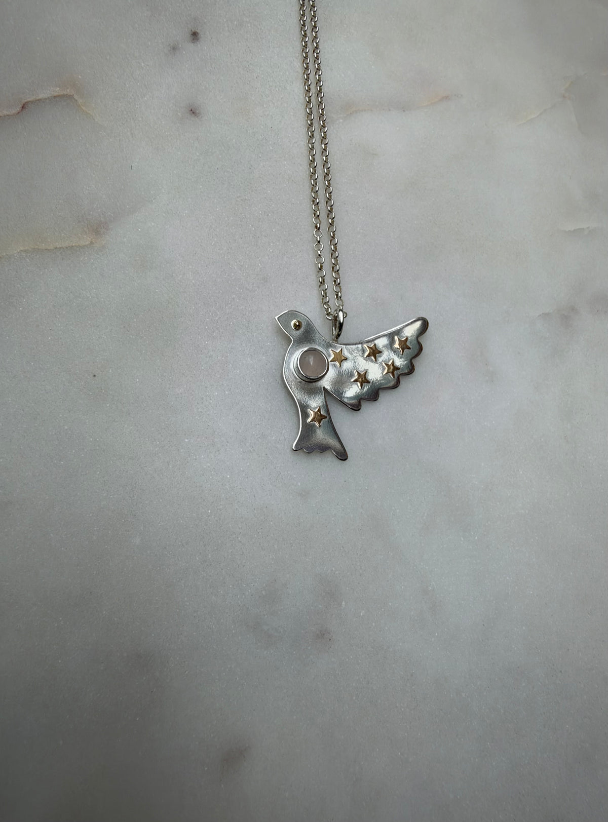 Peace dove with 18k gold stars and rose quartz