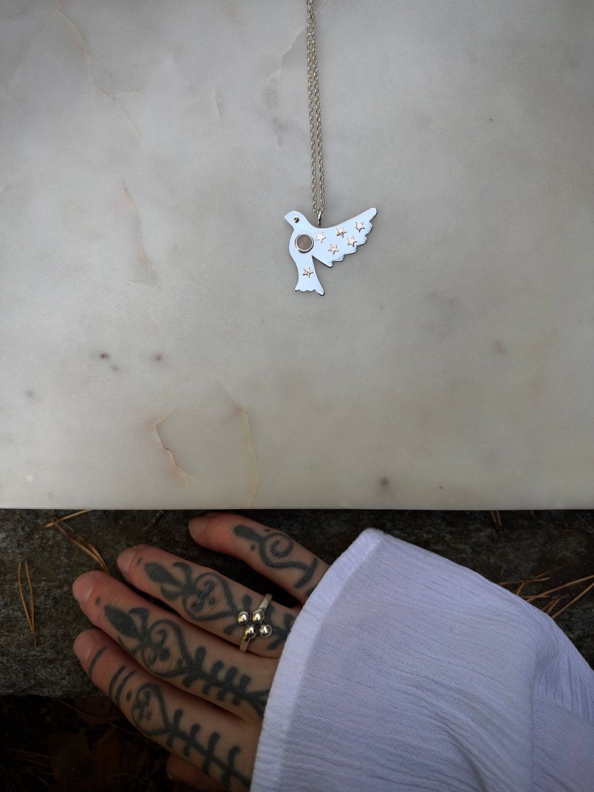 Peace dove with 18k gold stars and rose quartz