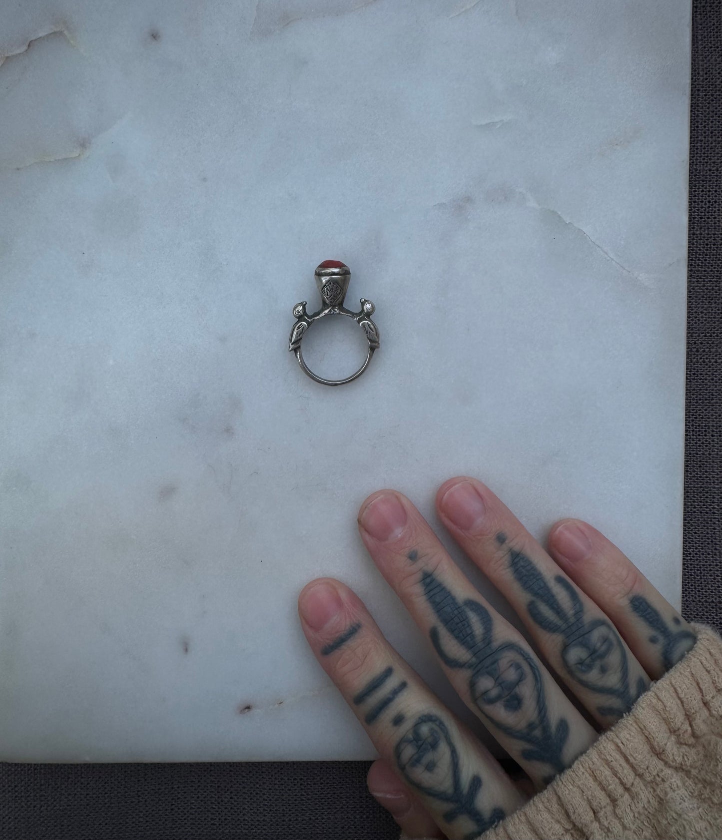 Antique silver ring with birds and coral