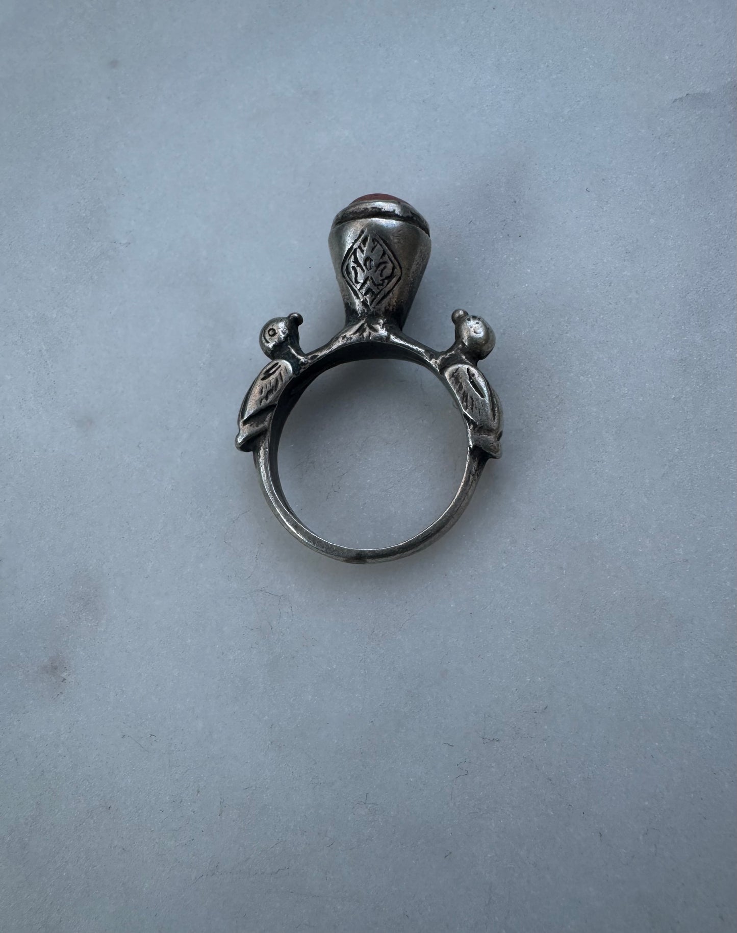 Antique silver ring with birds and coral