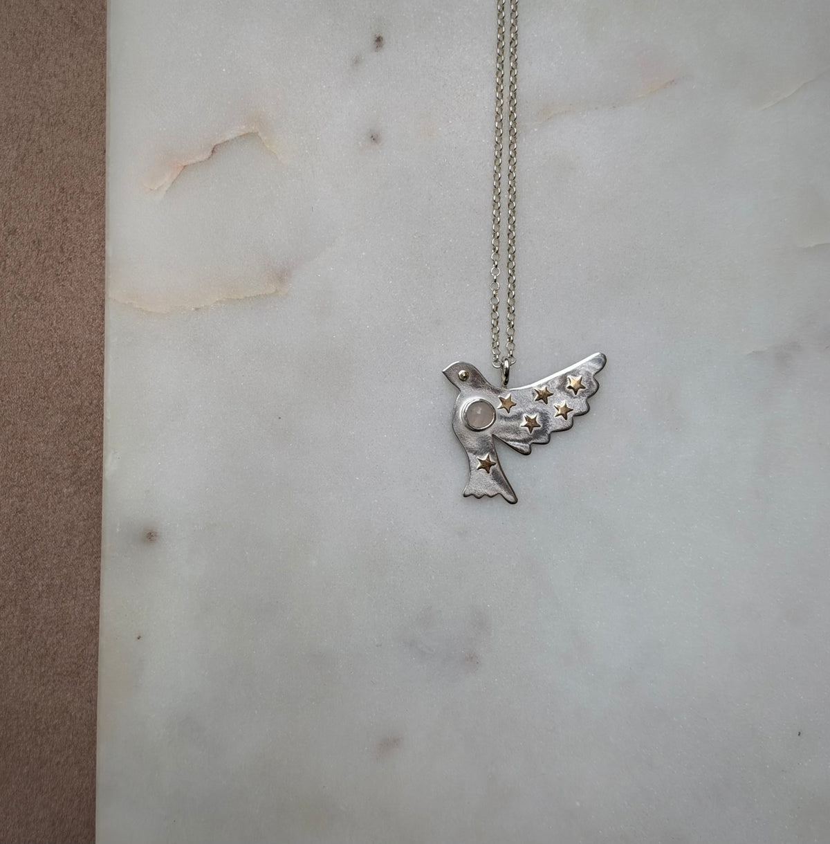 Peace dove with 18k gold stars and rose quartz