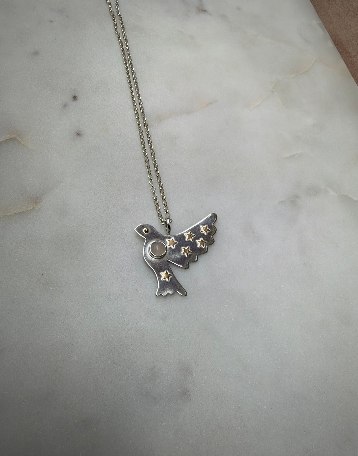 Peace dove with 18k gold stars and rose quartz