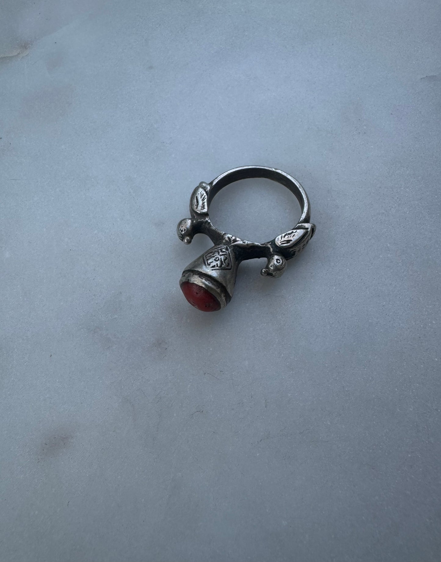 Antique silver ring with birds and coral