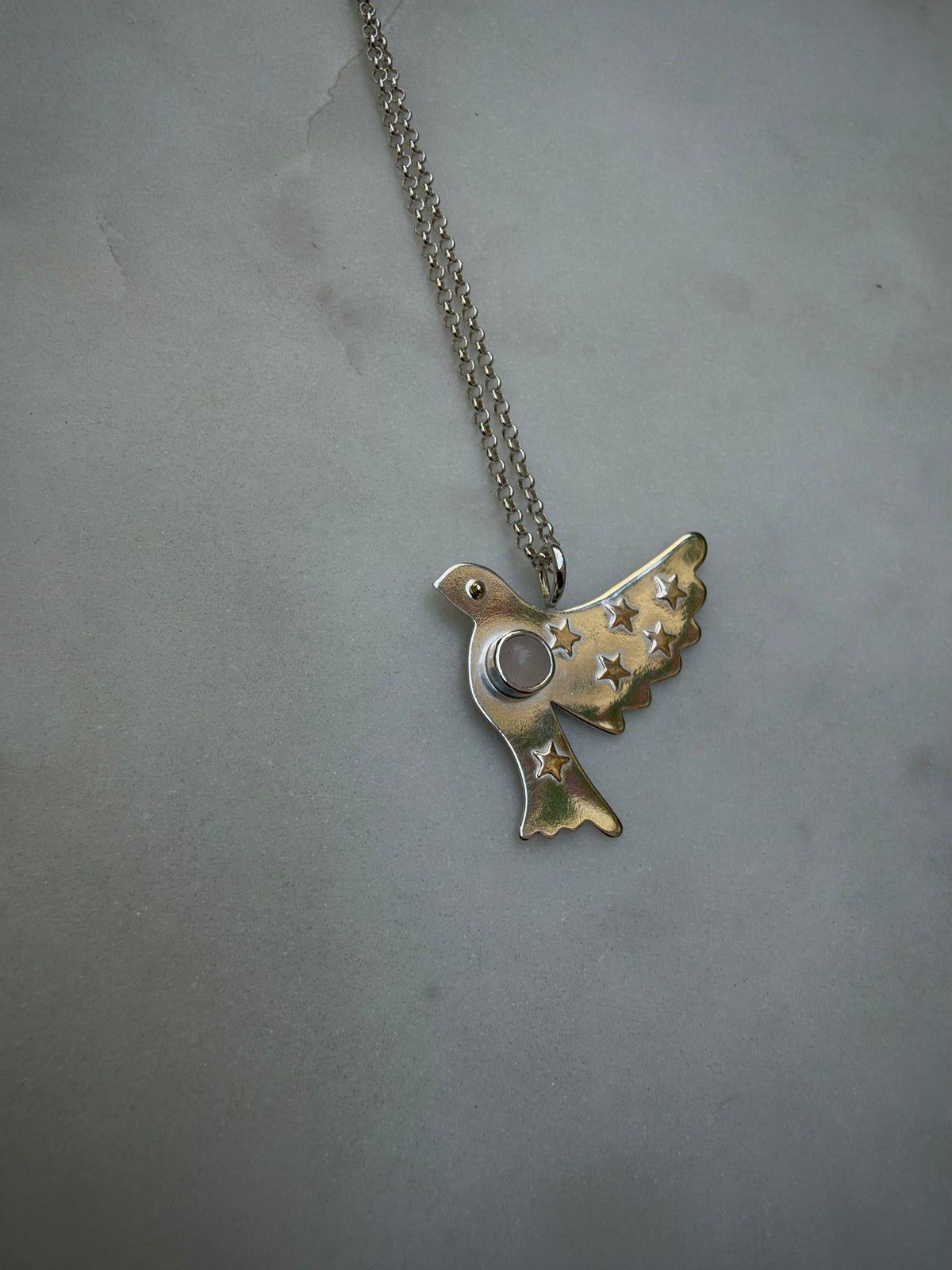 Peace dove with 18k gold stars and rose quartz