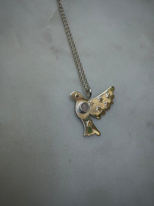 Peace dove with 18k gold stars and rose quartz