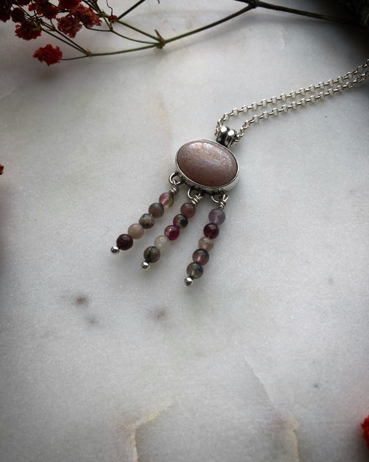 Handmade Pendant in recycled sterling silver with pink moonstone and tourmalines