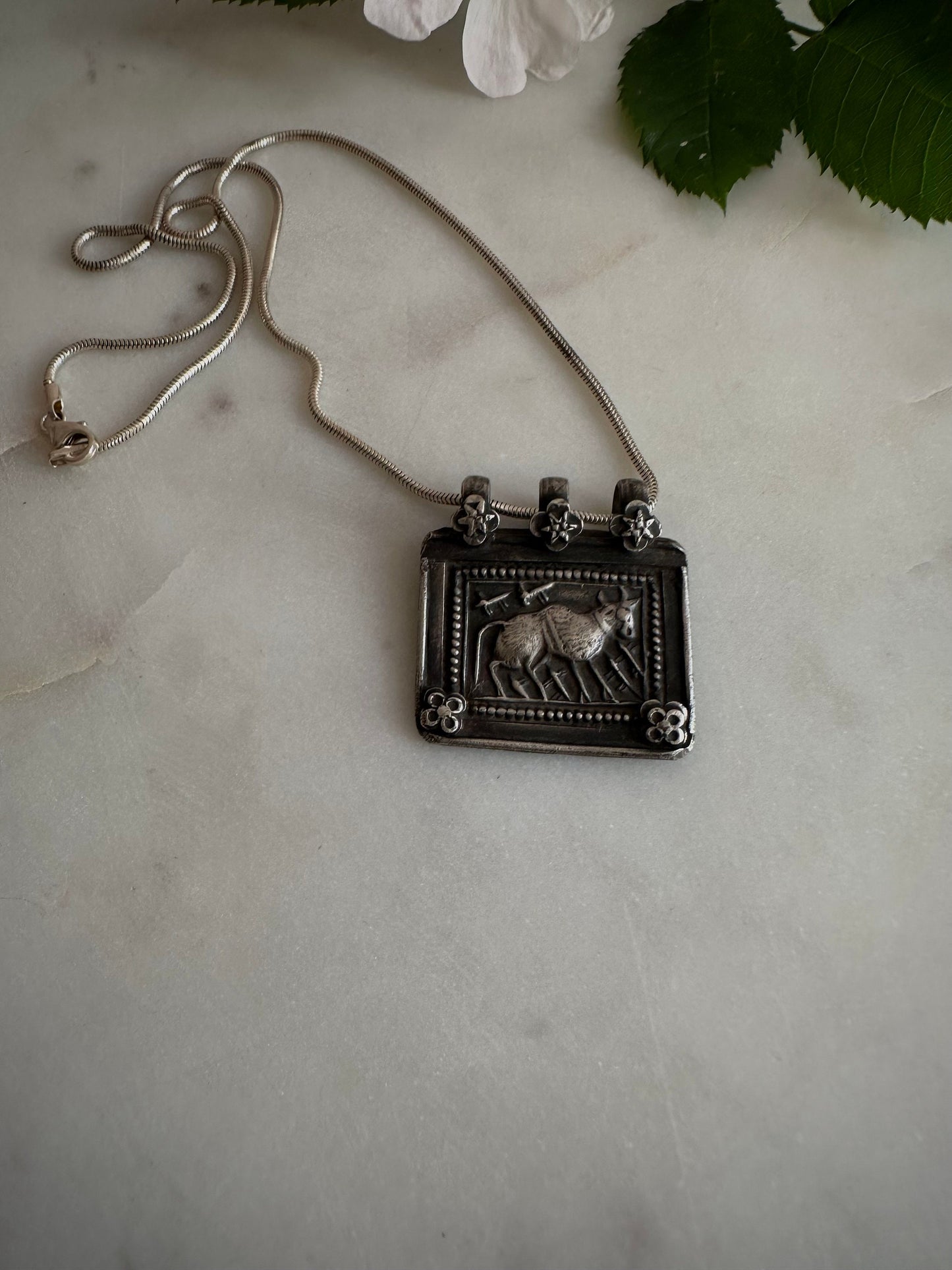 Antique old vintage Holy cow silver amulet from Rajasthan, India