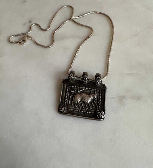 Antique old vintage Holy cow silver amulet from Rajasthan, India