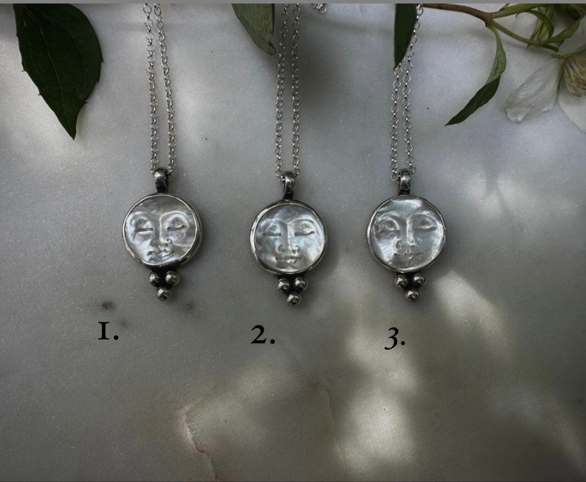 Mother of pearl moon face silver necklace